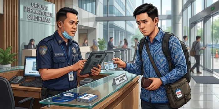 Ilustrasi seseorang menyerahkan KTP saat masuk gedung