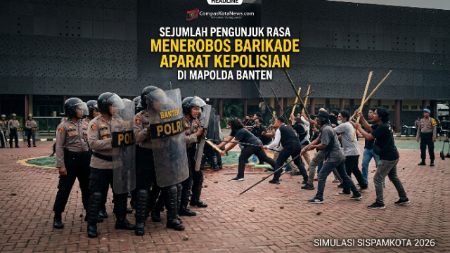 Mapolda Banten Gelar Simulasi Sispamkota Hadapi May Day, Massa Uji Tembus Barikade Polisi Mapolda Banten Gelar Simulasi Sispamkota Hadapi May Day, Massa Uji Tembus Barikade Polisi