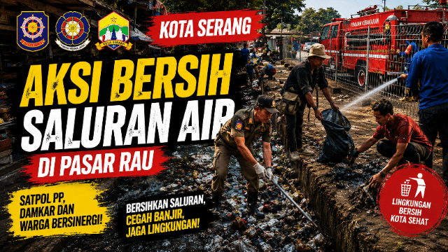 Satpol PP, Damkar dan Warga Bersihkan Saluran Air Penuh Sampah di Pasar Rawu Kota Serang Satpol PP, Damkar dan Warga Bersihkan Saluran Air Penuh Sampah di Pasar Rawu Kota Serang